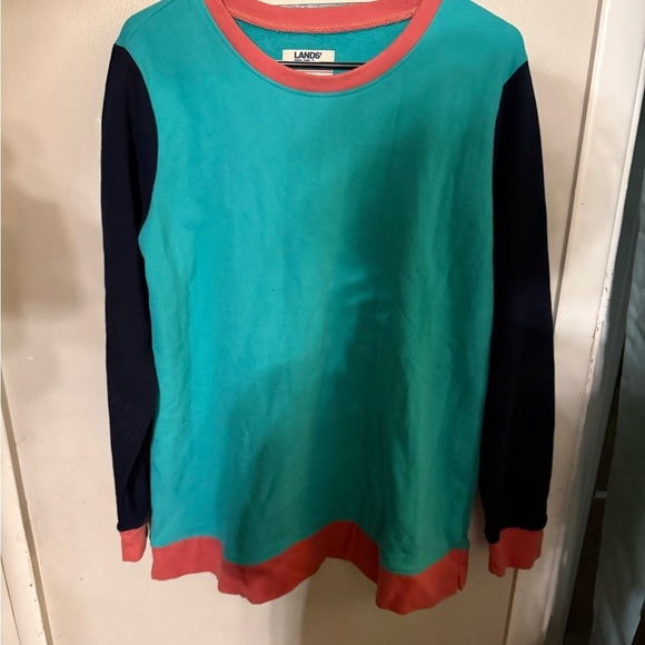 Lands' End Tops - Lands' End Turquoise and Coral Sweatshirt with Navy Sleeves
